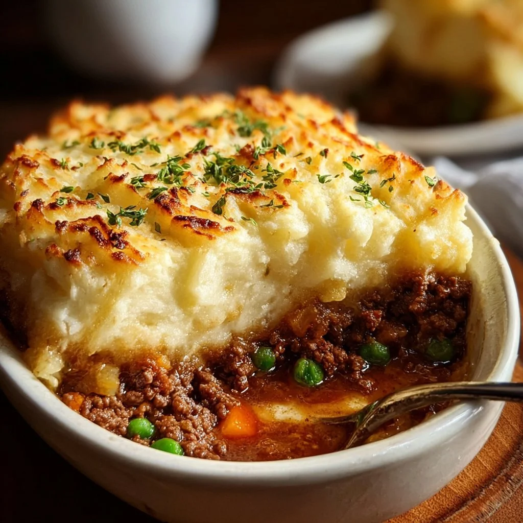 Easy Shepherd's Pie casserole topped with golden mashed potatoes.