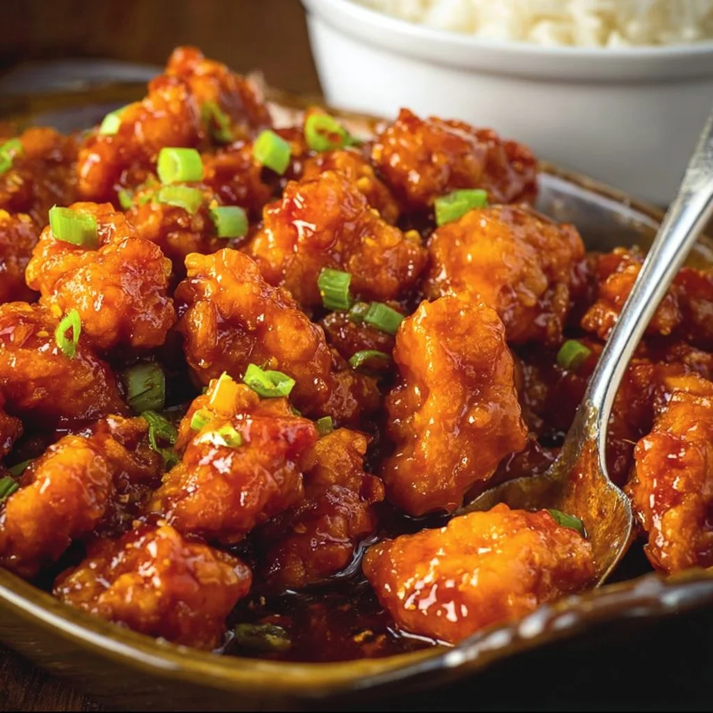 Delicious Firecracker Chicken served with rice and vegetables