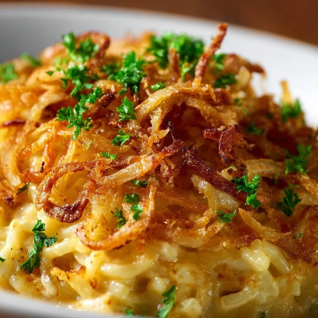 French Onion Chicken Orzo Casserole topped with cheese and herbs