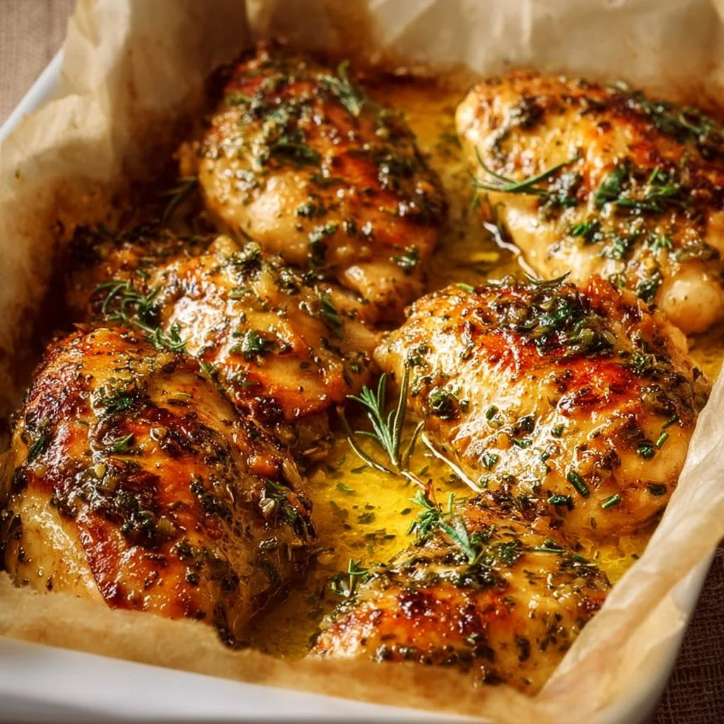 Garlic butter baked chicken breast served with herbs on a plate