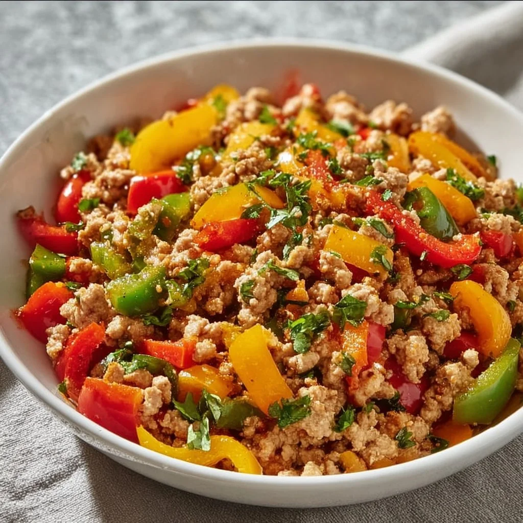 Ground turkey and peppers dish served in a colorful bowl