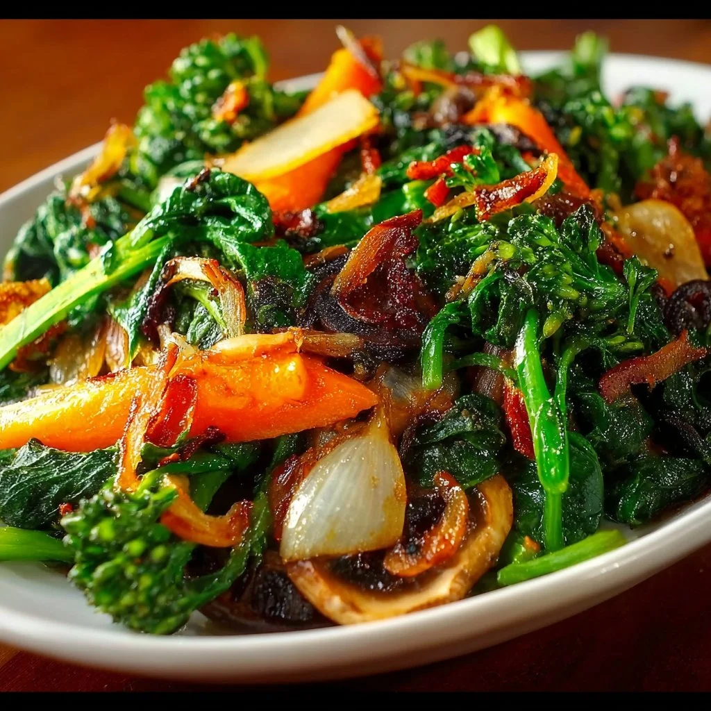 Plate of colorful and nutritious sautéed vegetables with garlic
