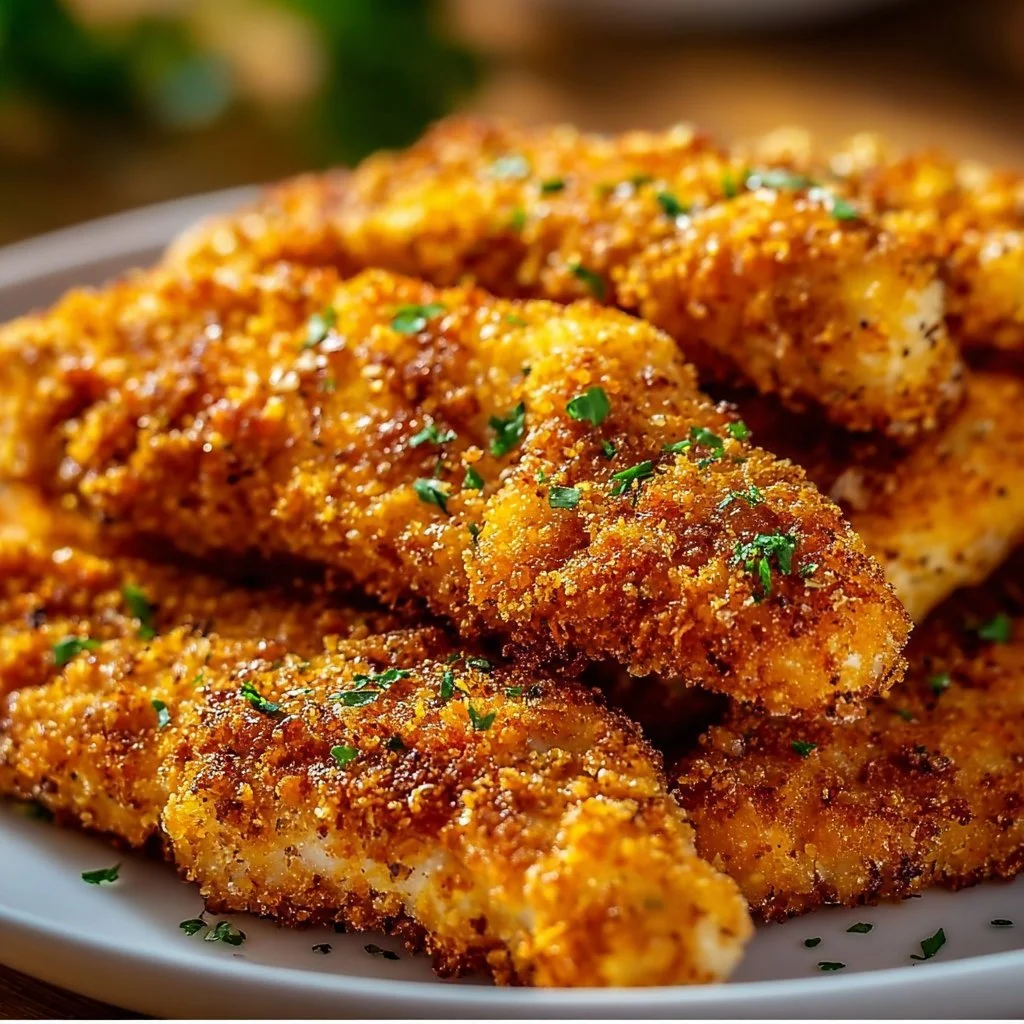 Plate of homemade baked chicken tenders served with dipping sauce
