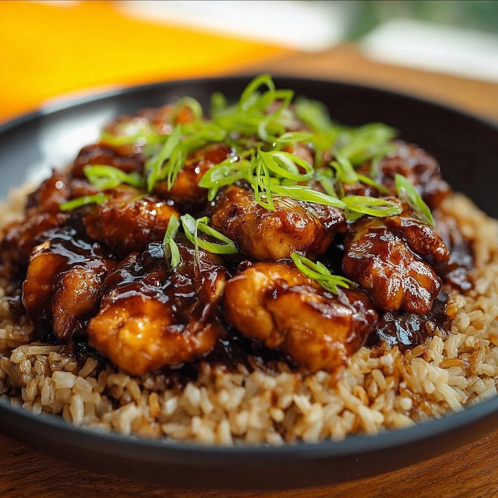Delicious Honey BBQ Chicken served over a bed of rice.