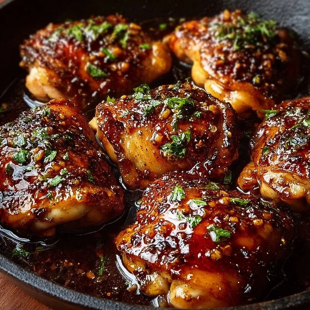 Cooked Honey Garlic Chicken Thighs garnished on a plate