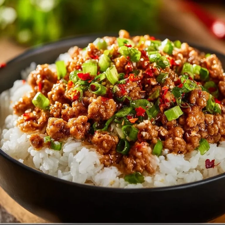 Honey garlic ground turkey dish garnished with vegetables on a wooden table.