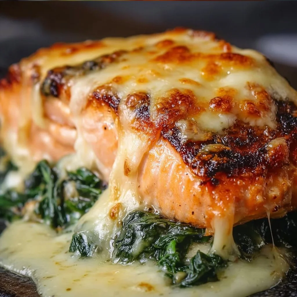 Baked salmon with spinach and mozzarella served on a plate, garnished with herbs.