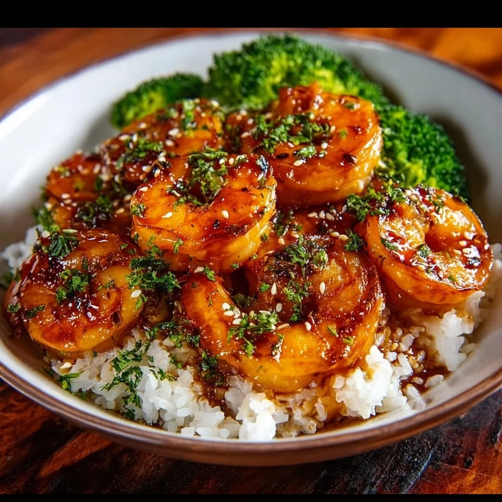 Bowl of honey garlic shrimp with vegetables and rice on a wooden table