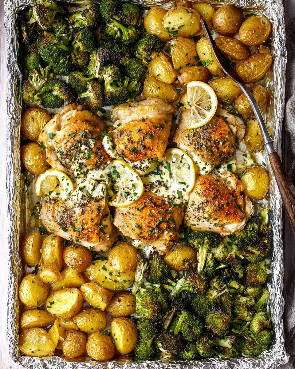 Lemon Garlic Chicken with potatoes and broccoli on a sheet pan