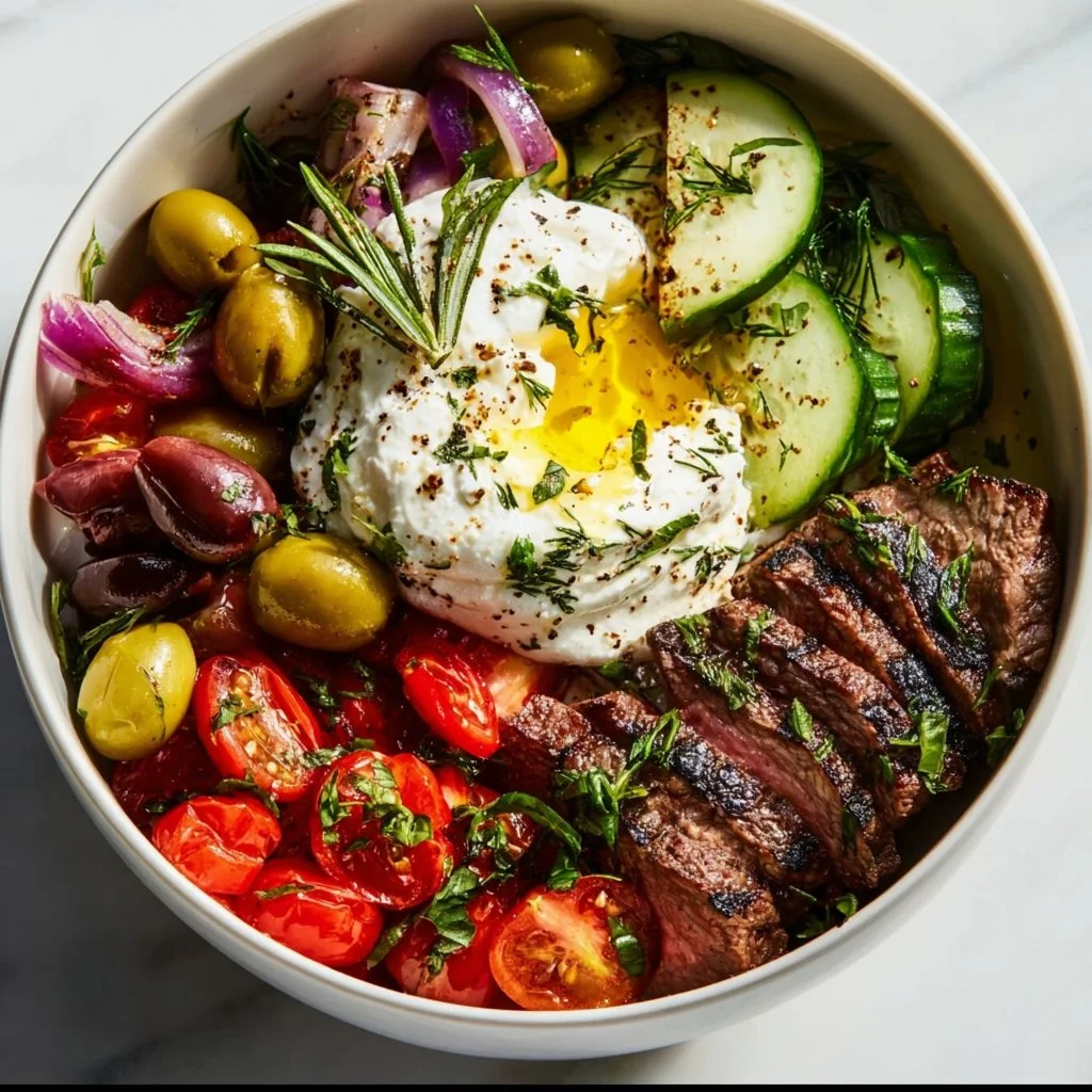 Mediterranean steak bowl with fresh vegetables and flavorful ingredients