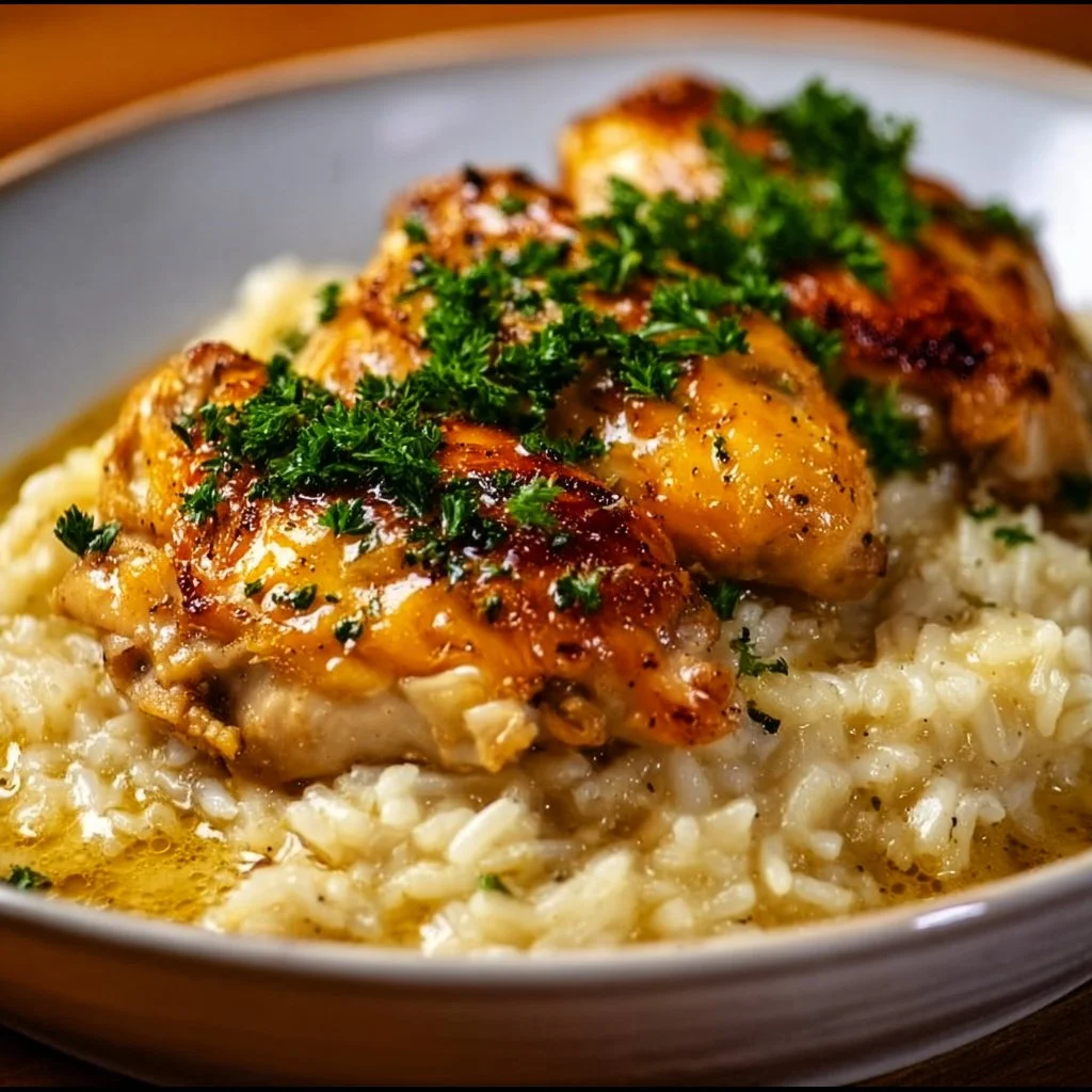 Delicious No Peek Chicken Casserole prepared in a baking dish