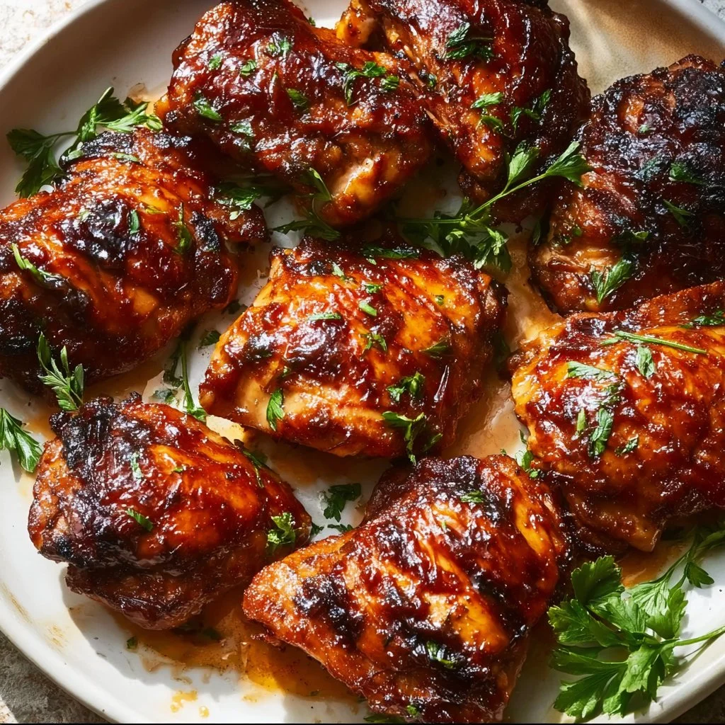Oven-baked BBQ chicken thighs served on a plate