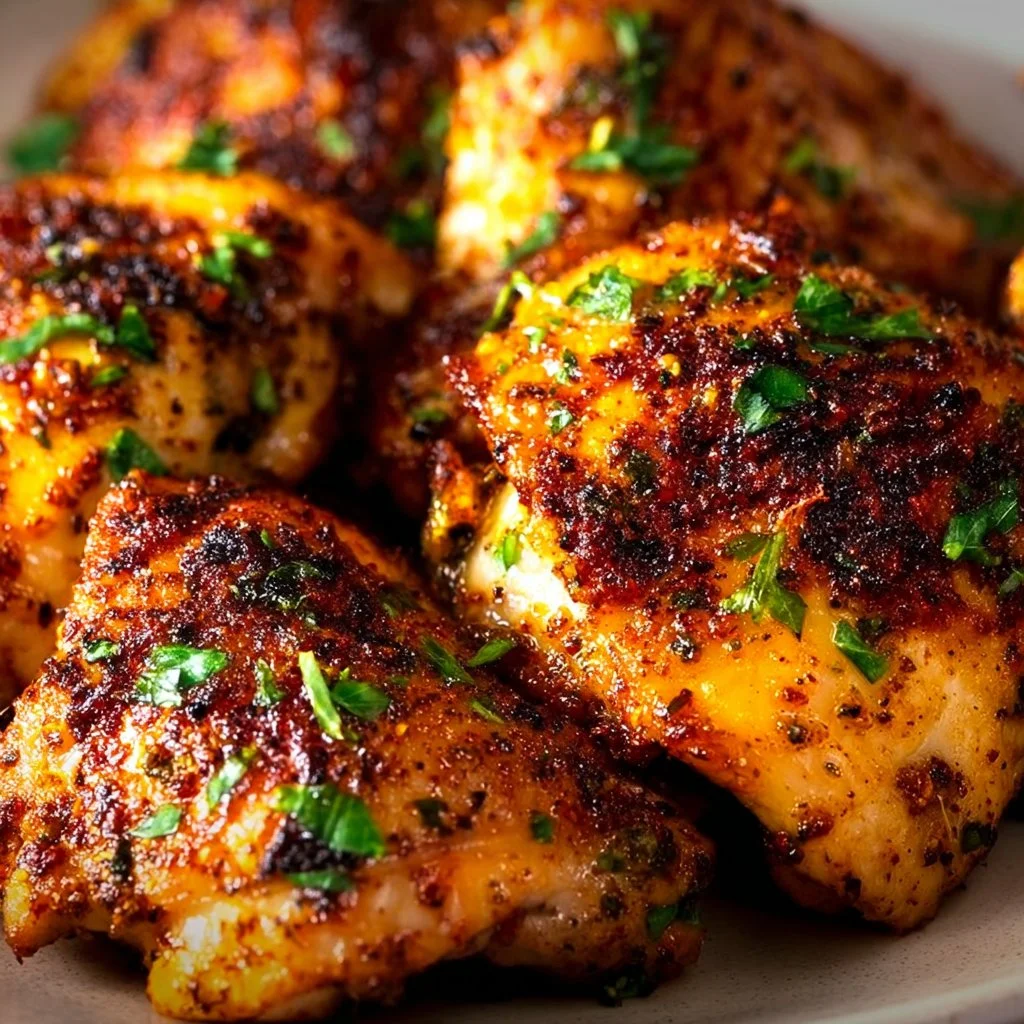 Oven baked chicken thighs garnished with herbs on a white plate