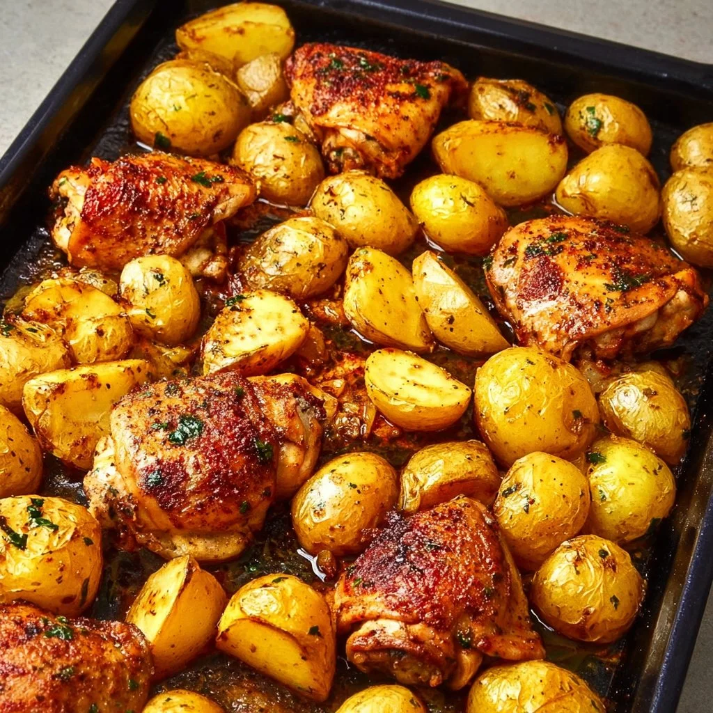 Dish of oven baked chicken thighs with potatoes, garnished and ready to serve