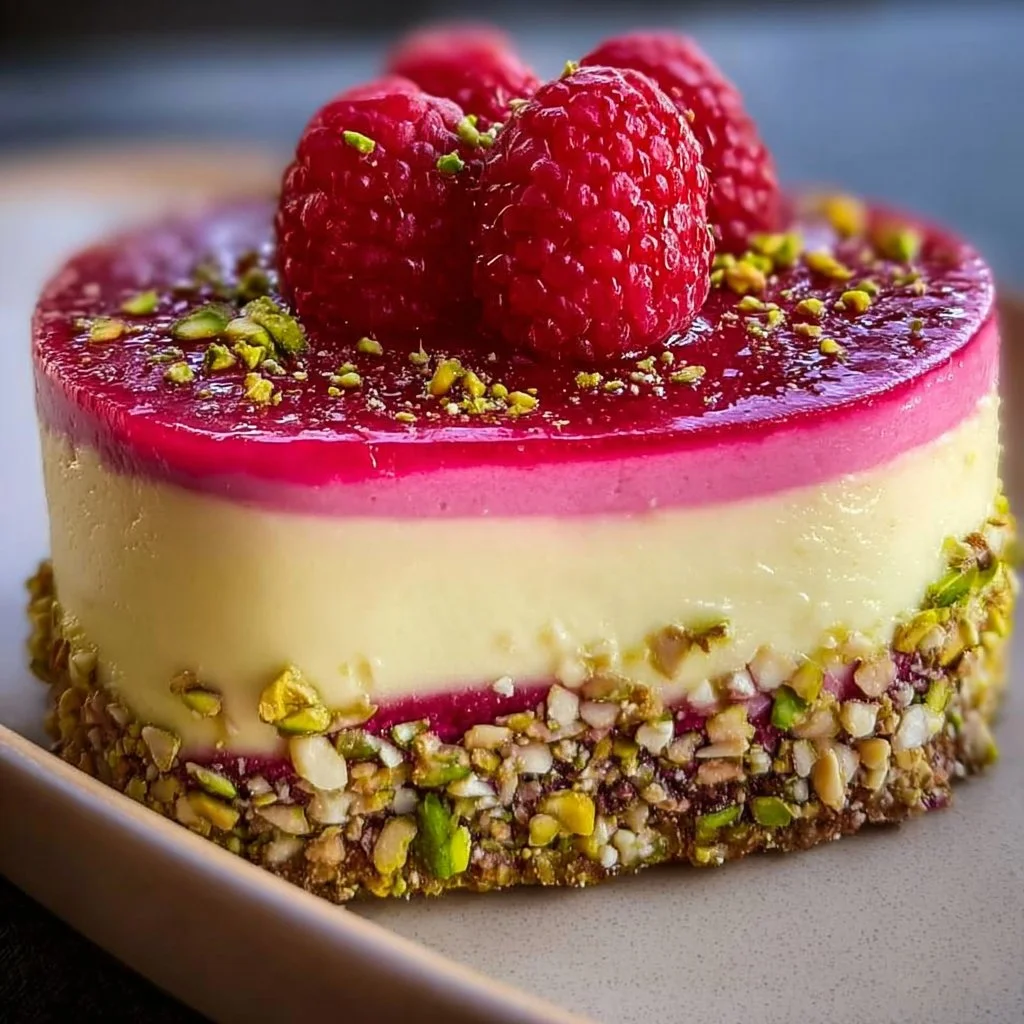 Slice of Pistachio Raspberry Crunch Cheesecake with vibrant raspberry topping