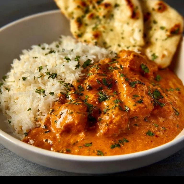 Delicious homemade butter chicken served with rice and naan bread