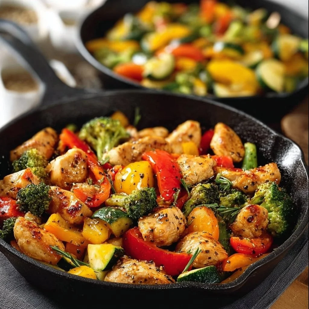 Healthy chicken skillet meal cooked in a skillet with colorful vegetables
