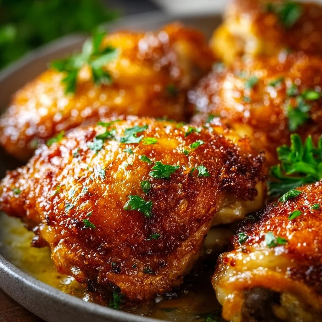 Juicy Ranch Chicken Thighs served on a plate with herbs and vegetables
