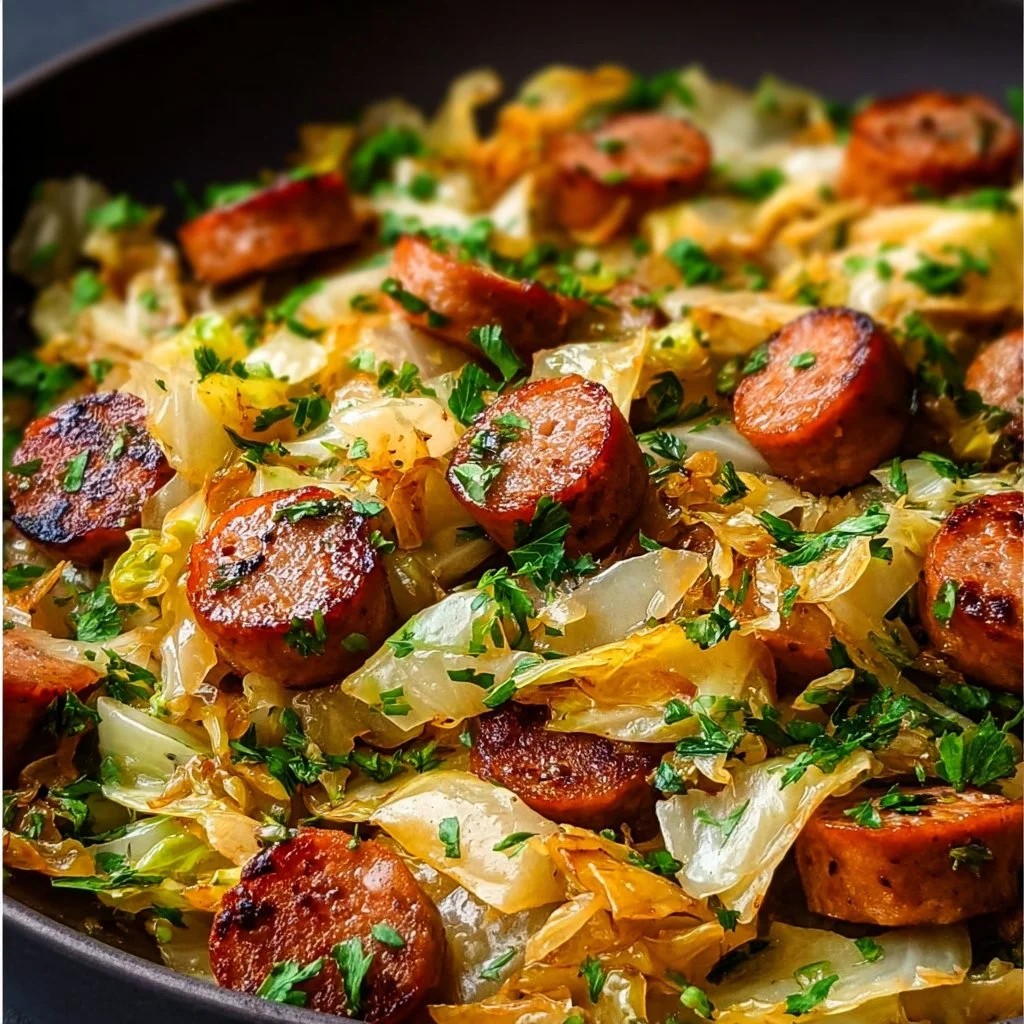 Sausage and cabbage stir fry in a skillet with colorful vegetables.