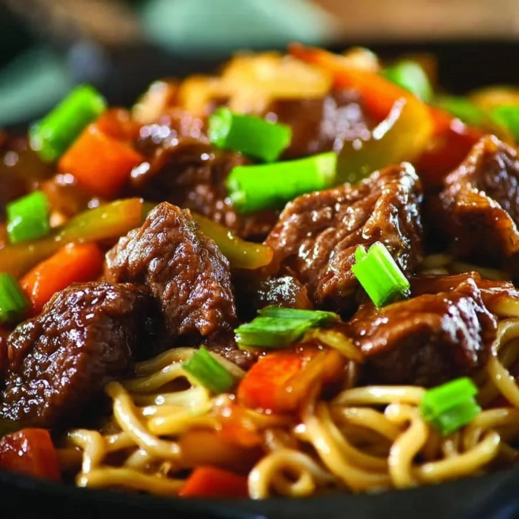 Bowl of slow cooker beef ramen noodles with fresh herbs and toppings