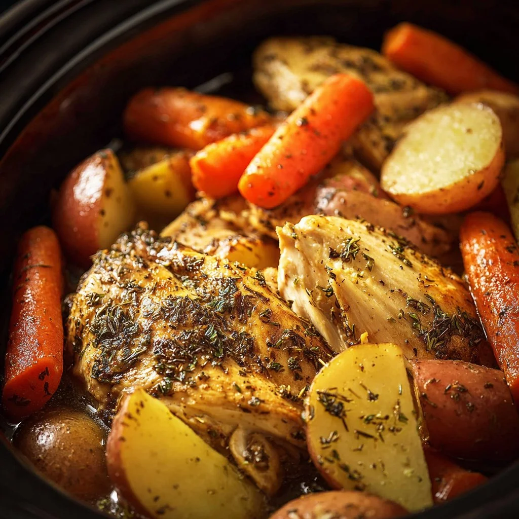 Plate of slow cooker garlic butter chicken with colorful veggies garnished on the side.