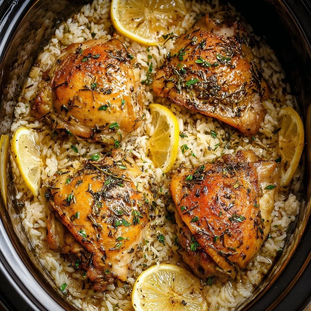 Slow Cooker Lemon Herb Chicken with Fluffy Rice dish served in a bowl