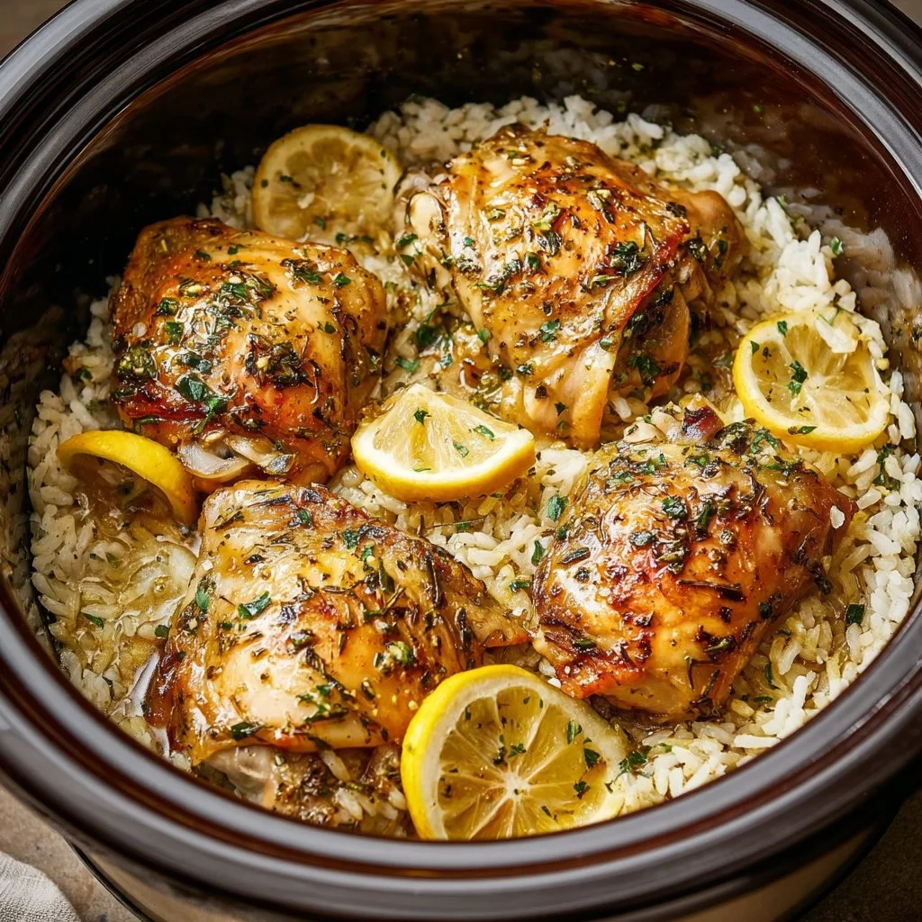 Delicious slow cooker lemon herb chicken with fluffy rice on a plate