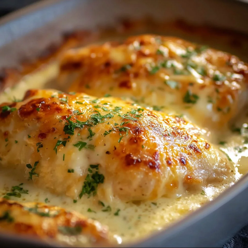 Smothered cheesy sour cream chicken served on a platter