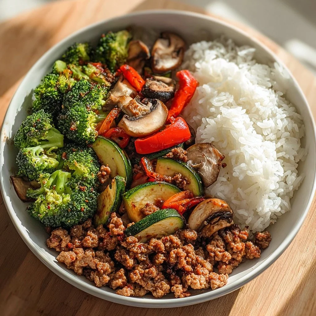 Spicy ground beef stir-fry bowl with fresh garlic veggies and steamed rice