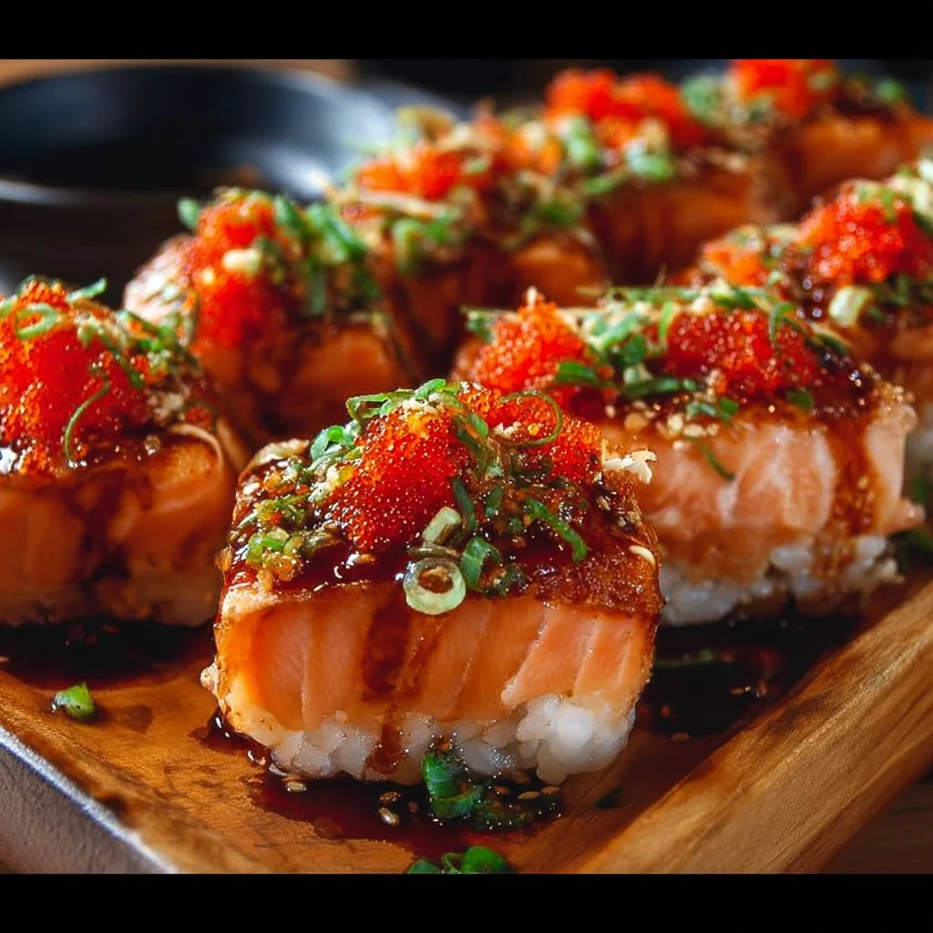 Delicious spicy salmon sushi bake served in a baking dish.