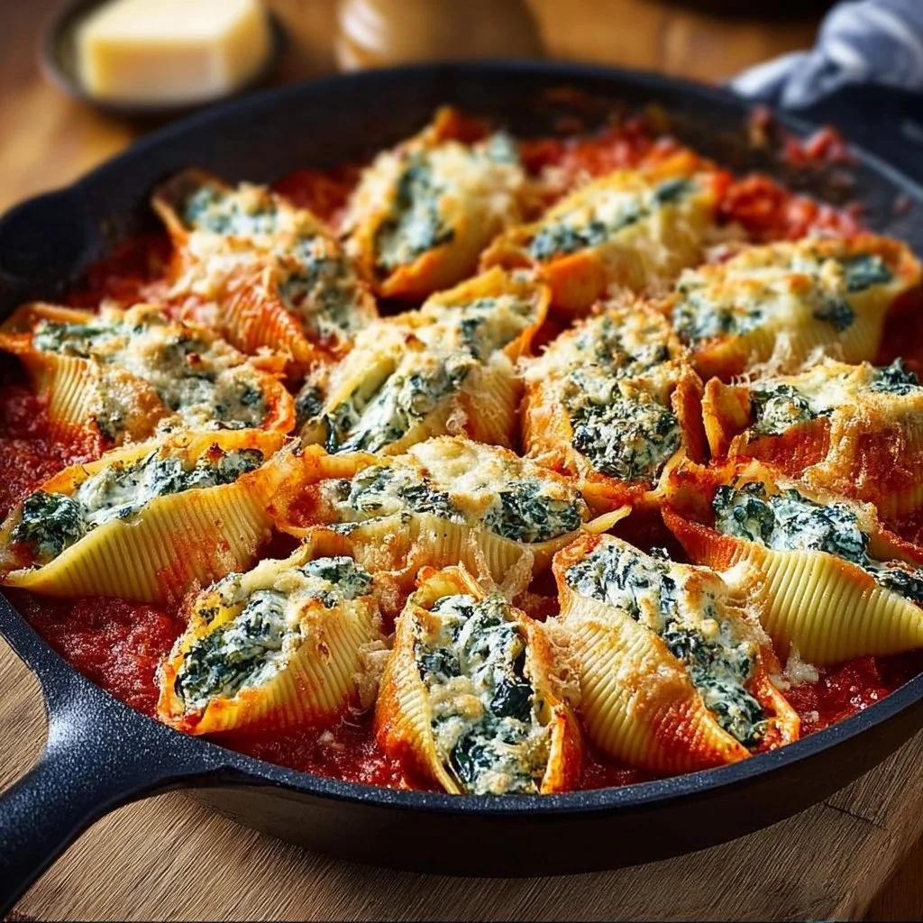 Delicious spinach and ricotta stuffed shells served in a creamy sauce
