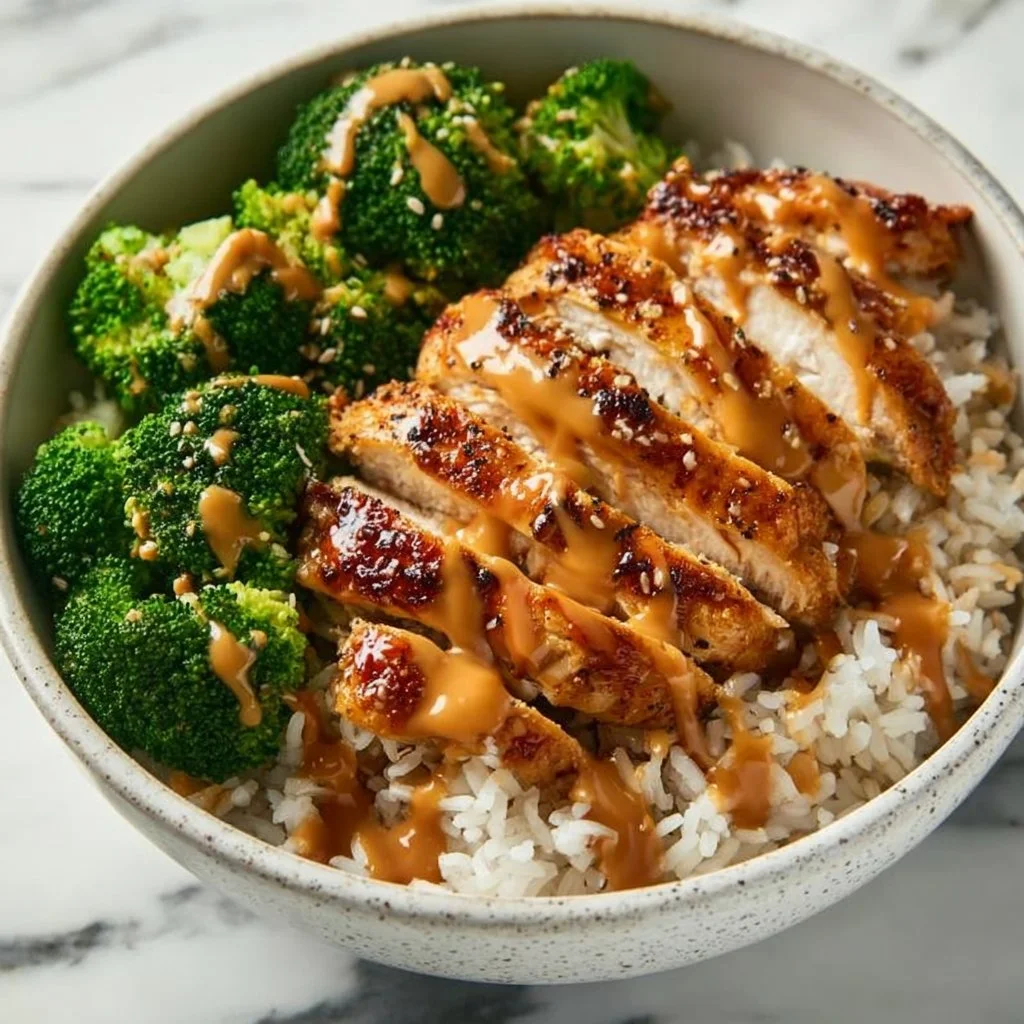 Delicious sticky chicken rice bowls served with fresh vegetables and sauce