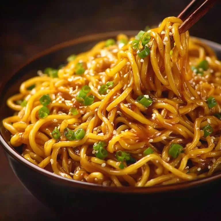 Delicious sticky garlic chicken noodles served in a bowl
