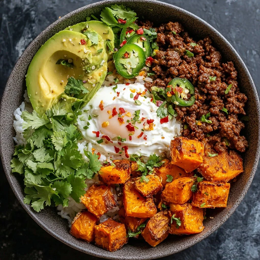 Delicious sweet potato taco bowl topped with fresh ingredients