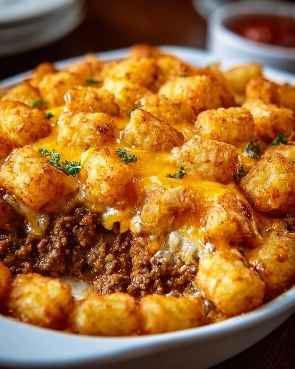Delicious tater tot casserole topped with cheese and ground meat