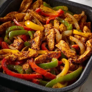 Air fryer chicken fajitas with peppers and onions served on a plate.