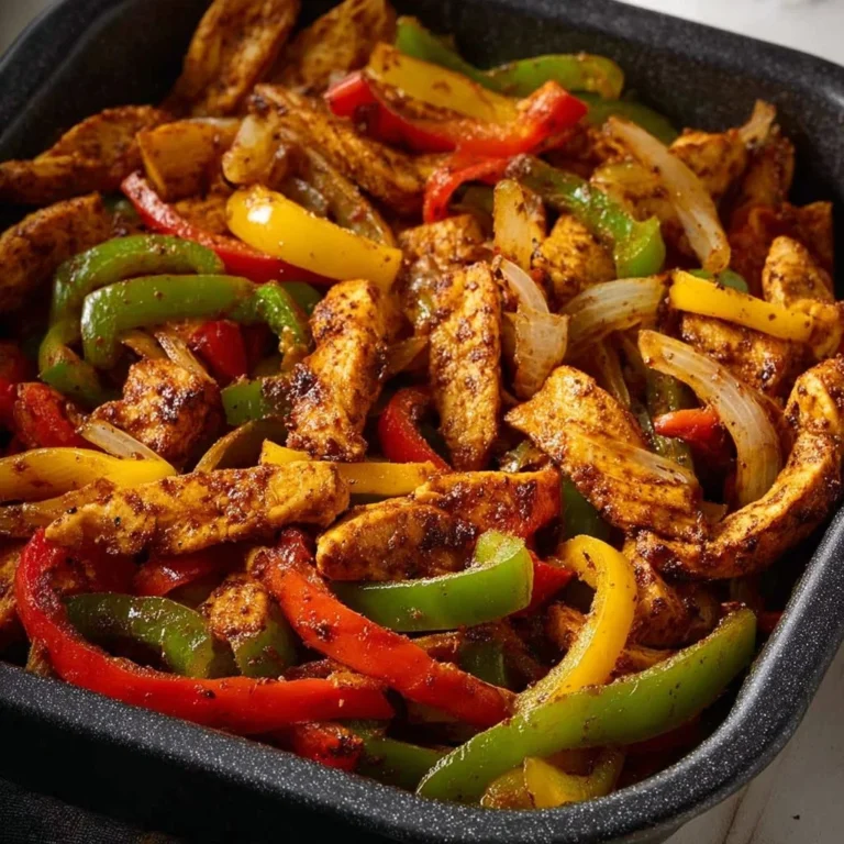 Air fryer chicken fajitas with peppers and onions served on a plate.