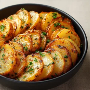 Crispy air fryer sliced potatoes served in a bowl with herbs