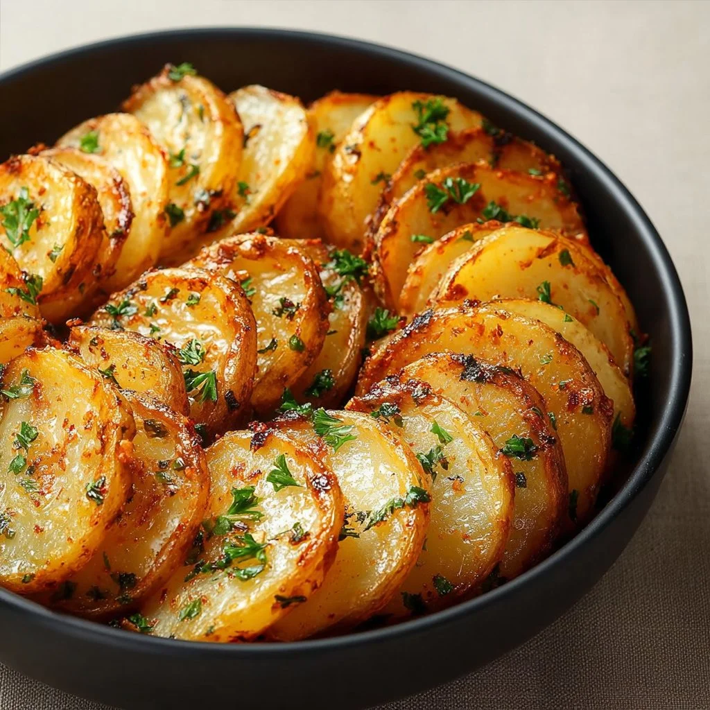Crispy air fryer sliced potatoes served in a bowl with herbs
