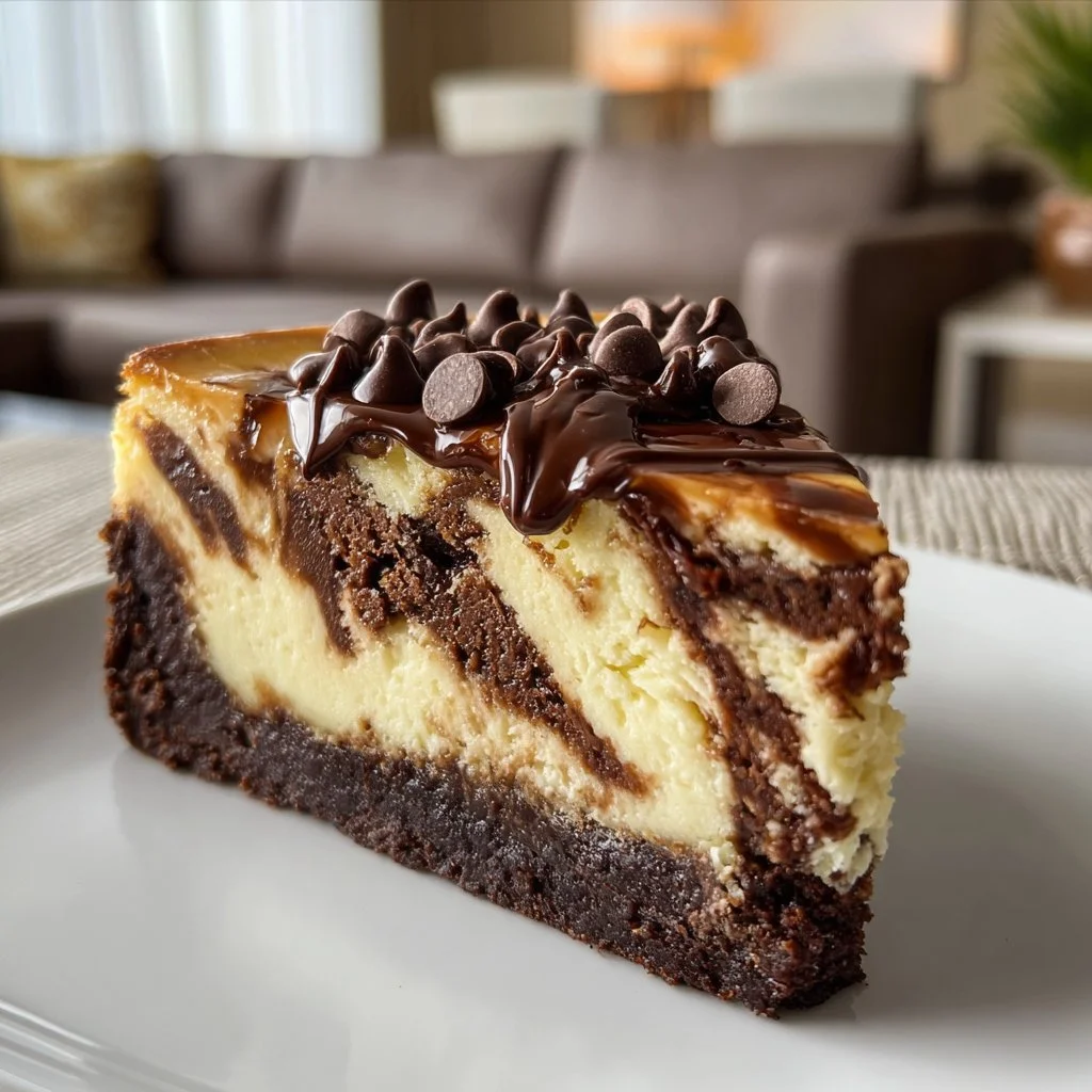 Delicious caramel brownie cheesecake topped with drizzled caramel sauce.
