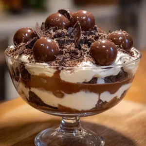 Delicious Bailey's chocolate cheesecake trifle layered with creamy chocolate mousse and cake.