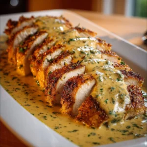 Baked Caesar Chicken drizzled with creamy parmesan sauce on a plate.