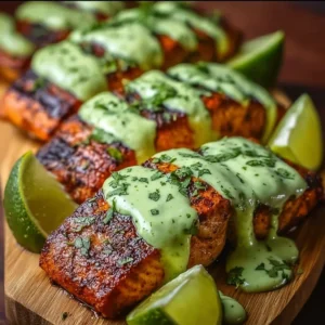 Baked Cajun Salmon topped with Avocado Lime Sauce on a plate
