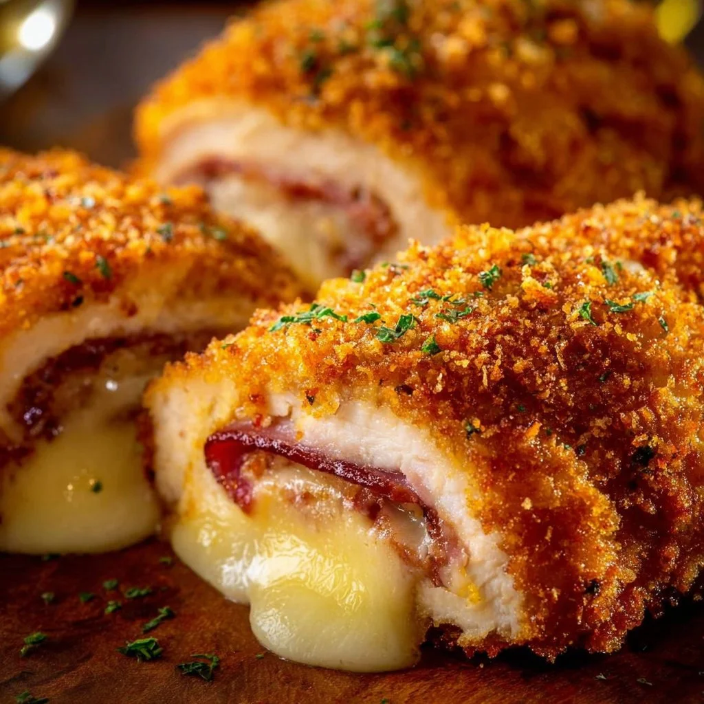 Delicious Baked Chicken Cordon Bleu with melted cheese and crispy ham