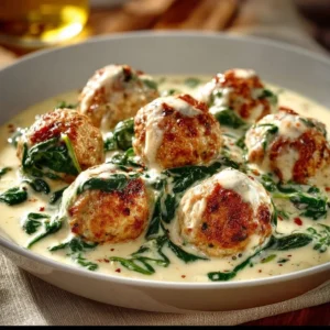 Baked Chicken Ricotta Meatballs with Spinach Alfredo Sauce on a plate.