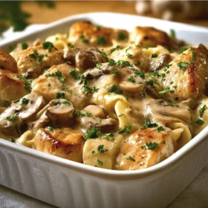 Delicious baked chicken stroganoff served in a creamy sauce with noodles