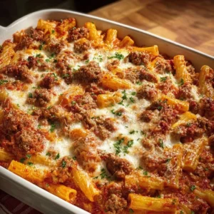 Baked ziti with sausage topped with melted cheese in a casserole dish