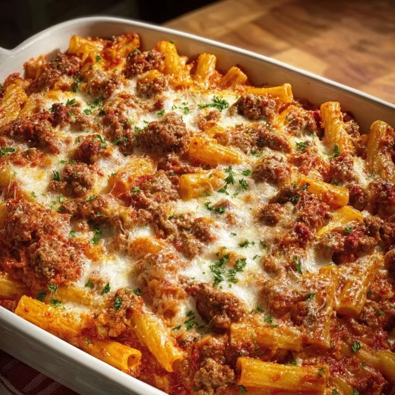 Baked ziti with sausage topped with melted cheese in a casserole dish