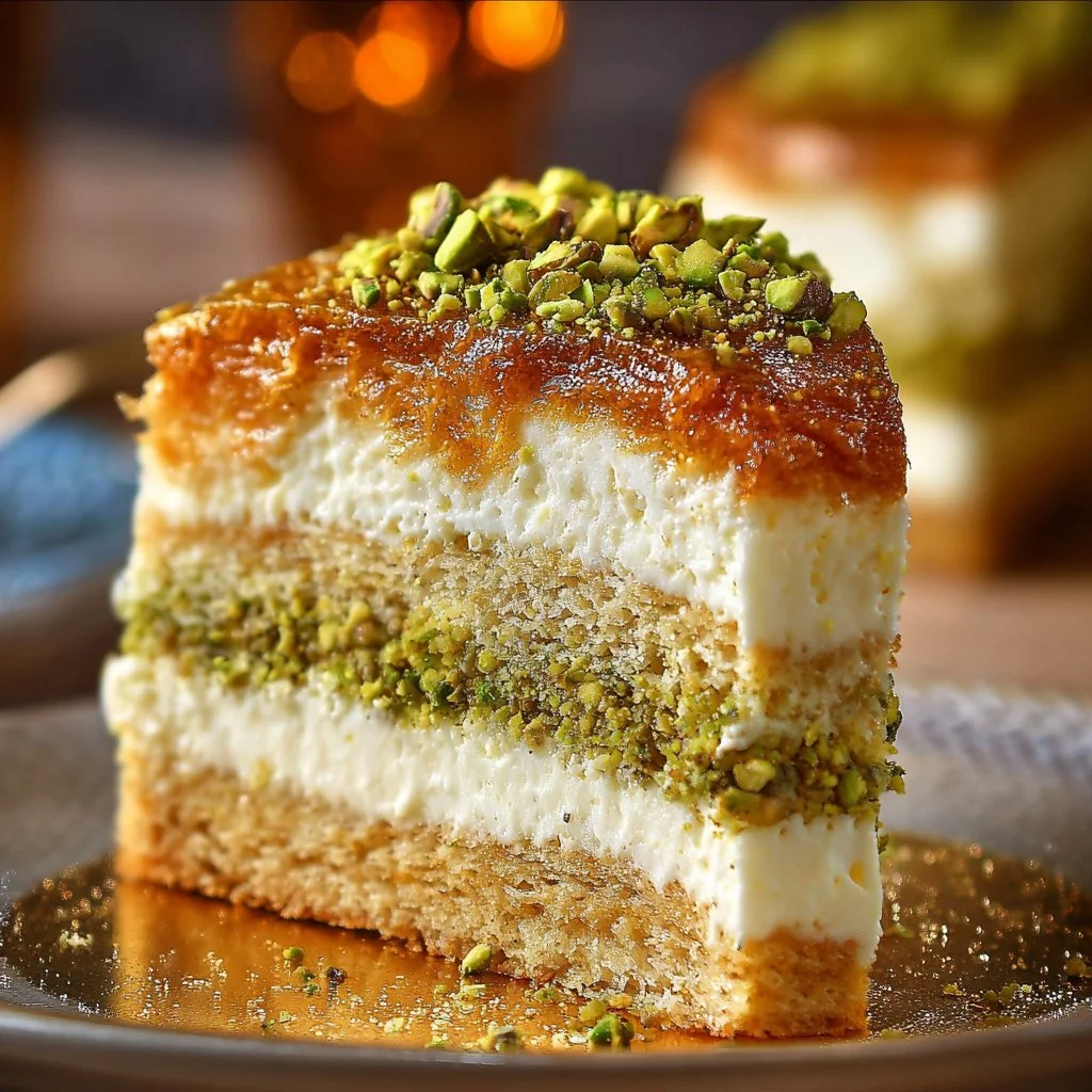 Baklava Pistachio Cheesecake topped with nuts and honey syrup