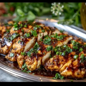 Balsamic baked chicken breast served with vegetables on a plate.